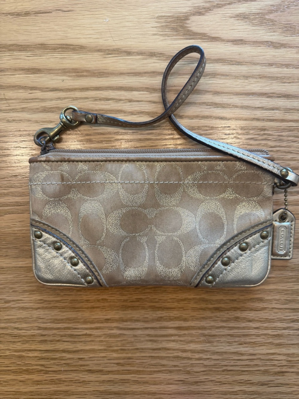 Coach Gold and Tan Signature Canvas Wristlet With Studded Accents
